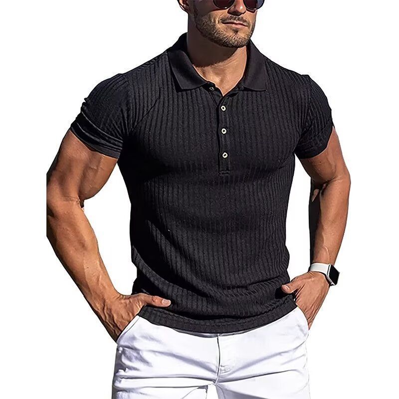 Wish Men's Summer Sport Fitness Casual Elastic Stripe Short Sleeve Polo Shirt Men