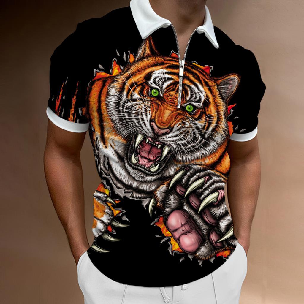 European Size 3D Digital Print Casual Tiger Niche Personality Zipper Polo