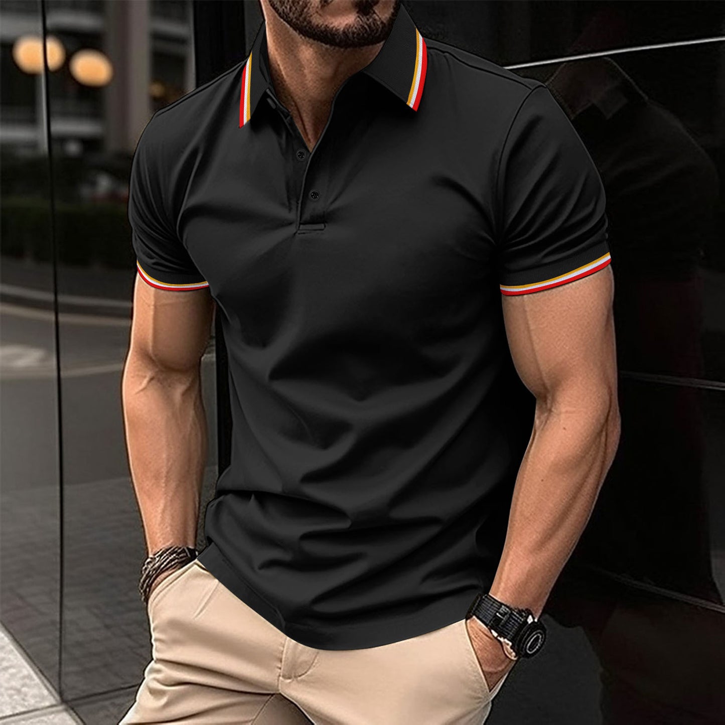 Men's Wear New Ribbed Collar Solid Color Button Short Sleeve Casual Men's Polo Shirt