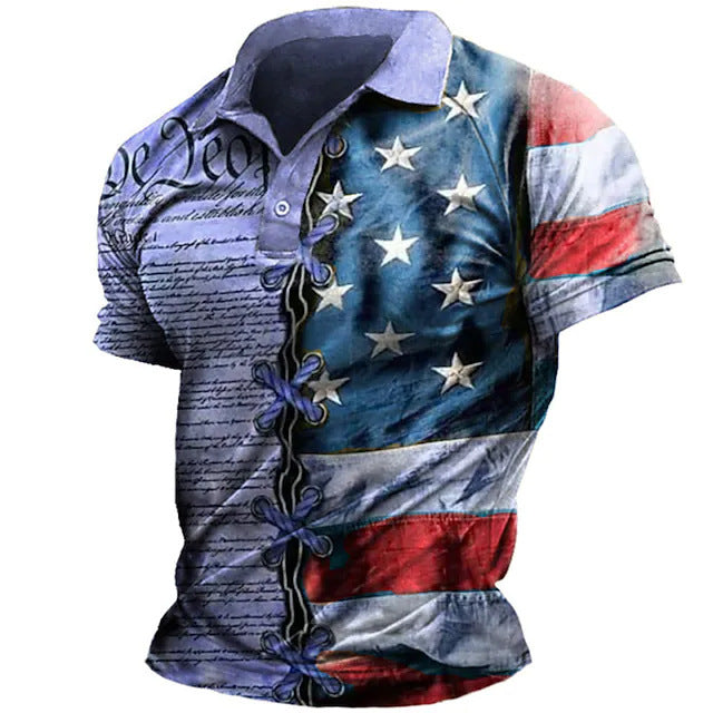 Bestseller Fashion Men's Turn-Down Collar Button Polo Shirt American Independence Day Print Direct Shipping