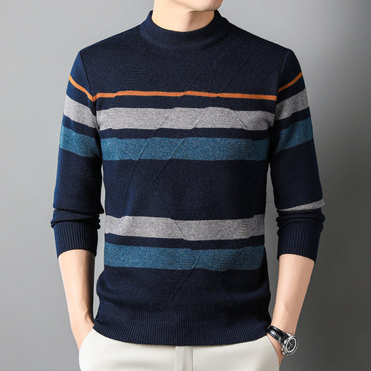 New Casual Round Neck Striped Sweater Middle-Aged Men's Thickened Warm Jacquard Anti-Pilling Knit