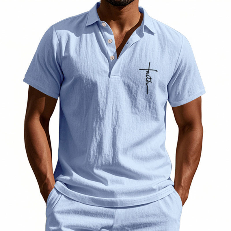 Summer Men's British Style Loose Trendy Breathable Linen Turn-Down Collar Button Polo Shirt Short Sleeve