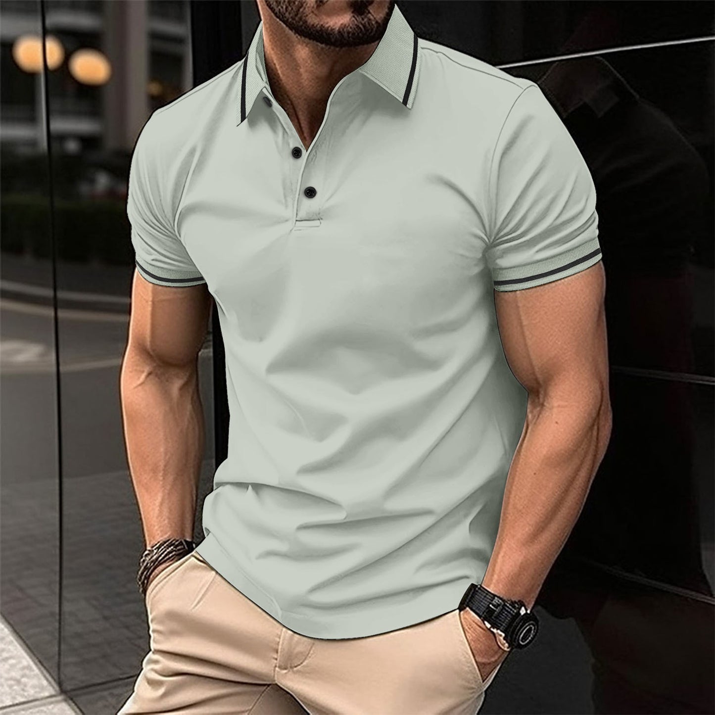 Ins Summer T-Shirt Men's Button Ribbed Collar Sport Polo Shirt