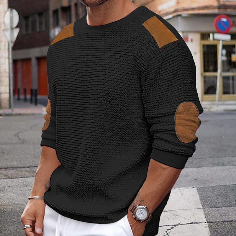 New Men's Knit Sweater Round Neck Long-Sleeve Patchwork Pullover Slim-Fit Top