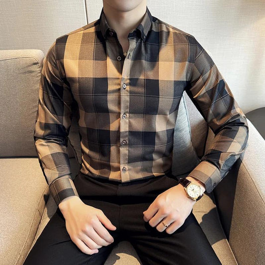 New Checkered Men's Shirt High-Quality Long Sleeve Casual Wear