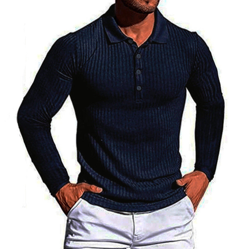 Wish Men's Summer Sport Fitness Casual Stand Collar Elastic Stripe Long Sleeve Polo Shirt Men