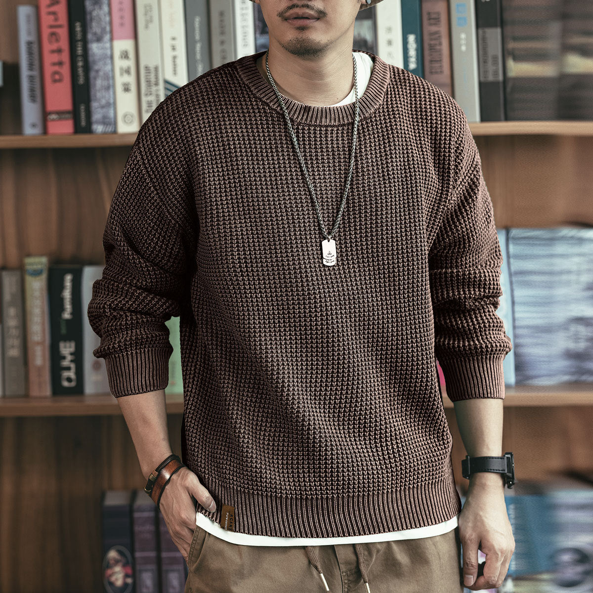 Gelanlu Japanese-Style Pineapple Knit Spring Round Neck Sweater, Chunky Washed Waffle Knit Men's Fashion