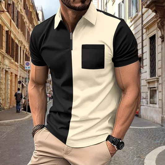 New Men's Casual Polo Shirt Small Twill Self-Fabric Patchwork Turn-Down Collar Button Men's Polo Shirt