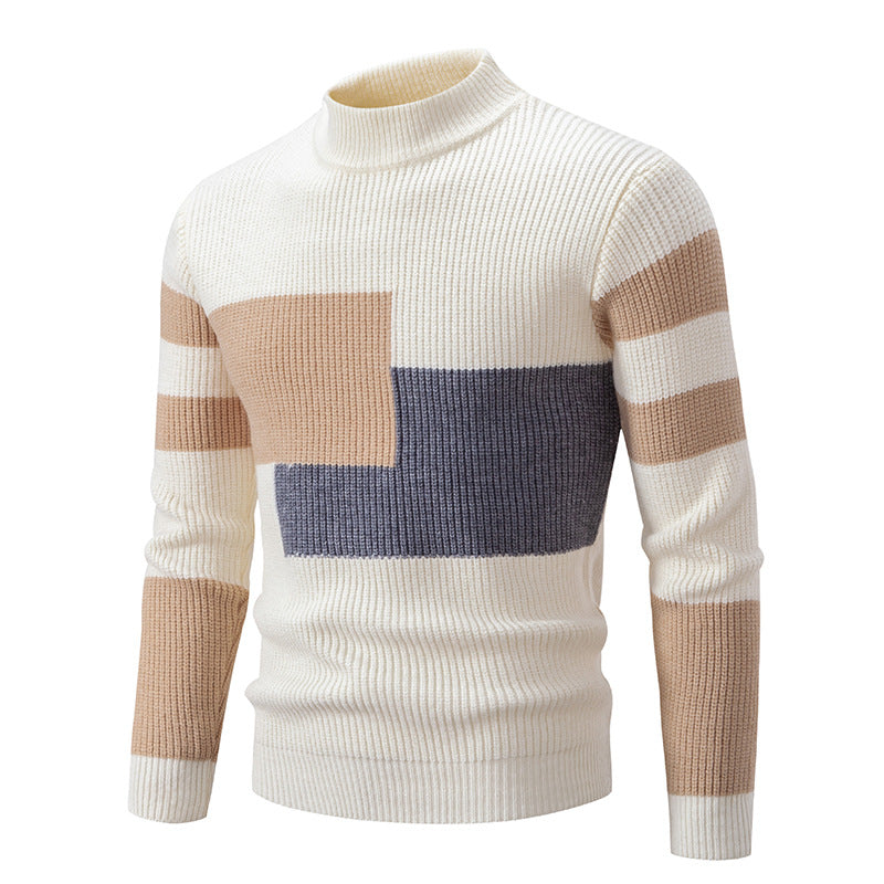 New Men's Mock Neck Color-Blocked Pullover Knit Sweater Korean Style Youth Fashion Top