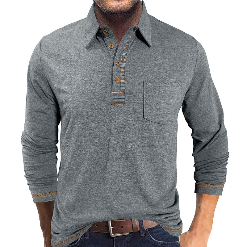 Men's Button-Down Collar Colored Cotton Long Sleeve Polo Casual Fashion Pocket Base Layer Top