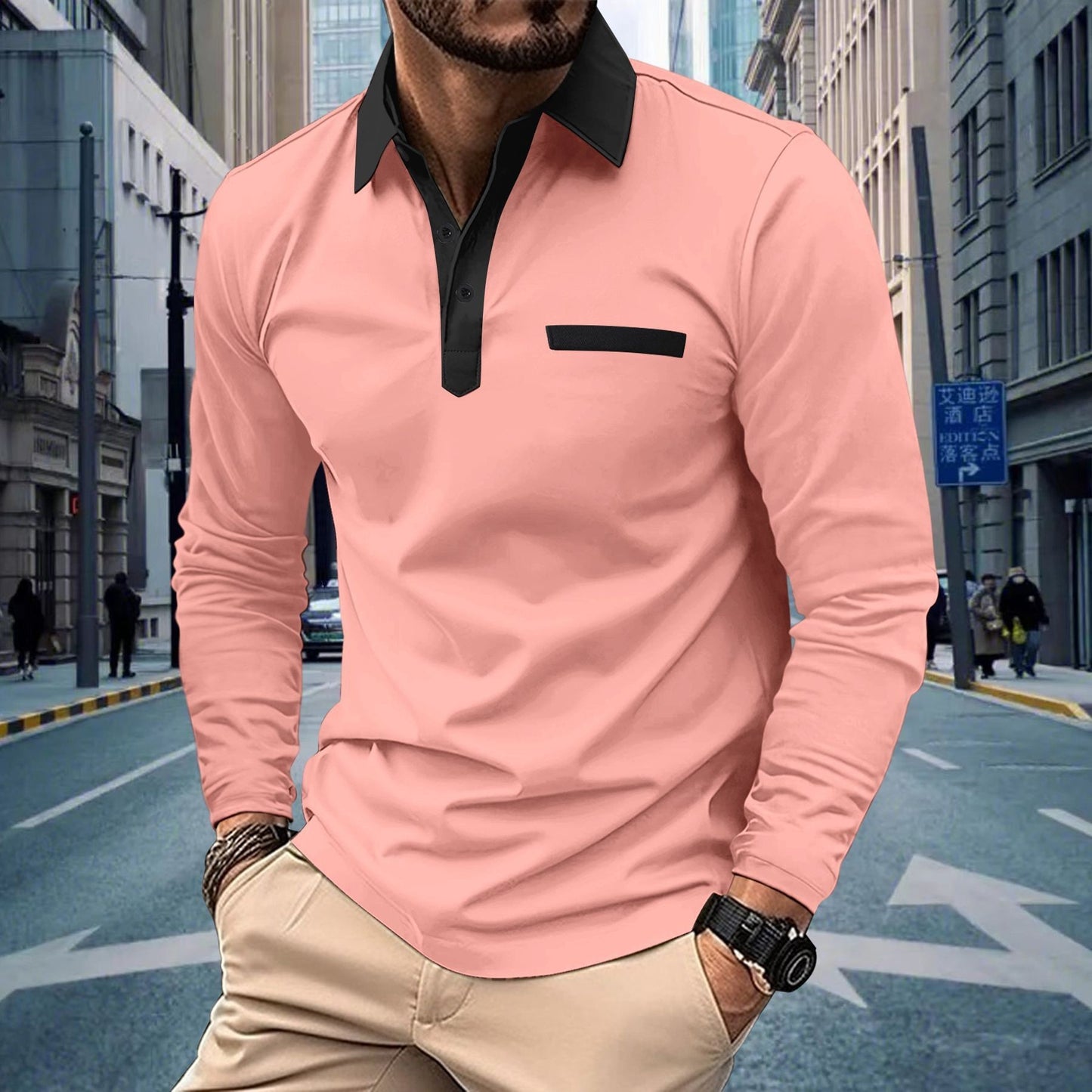 New Wish Autumn Men's Solid Color Casual Button Turn-Down Collar Long Sleeve Pocket Polo Shirt
