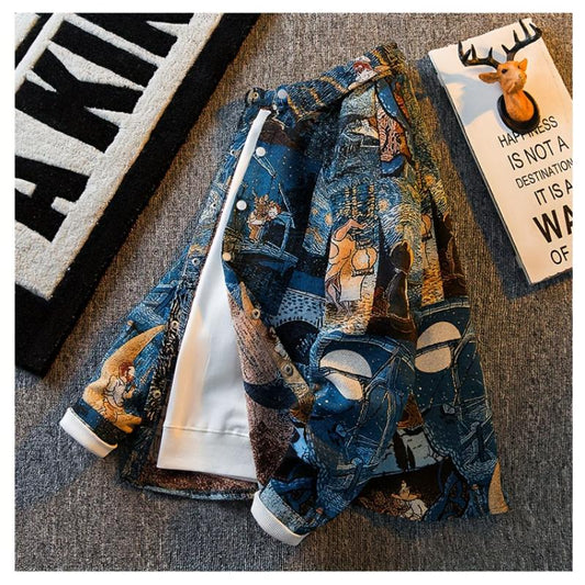 Men's Slim Fit Long Sleeve Shirt With Van Gogh Inspired Print