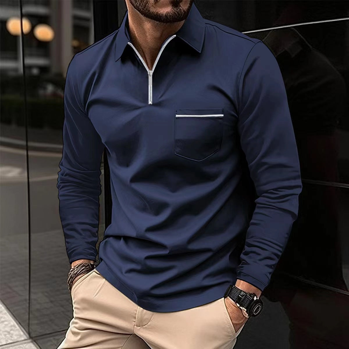Ins Autumn Polo Shirt Zipper Pocket Men's Long Sleeve Sport Polo Shirt