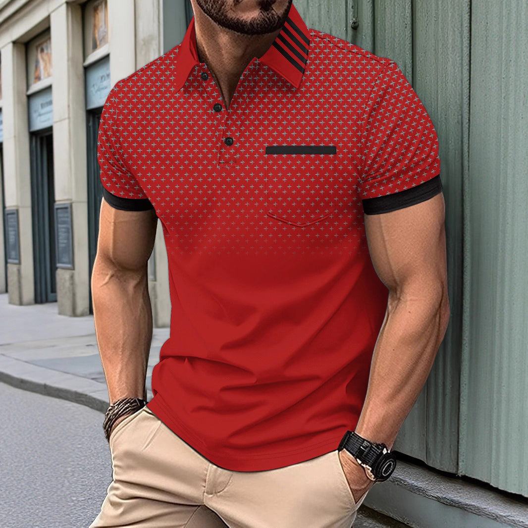 New Ebay American Style Gradient Four-Pointed Star Print Men's Casual Short Sleeve Polo Shirt