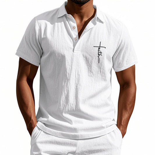 Summer Men's British Style Loose Trendy Breathable Linen Turn-Down Collar Button Polo Shirt Short Sleeve
