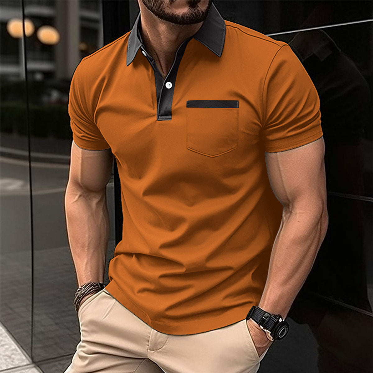 New Men's Business Casual Sport Pocket Short Sleeve Turn-Down Collar Polo Shirt Breathable