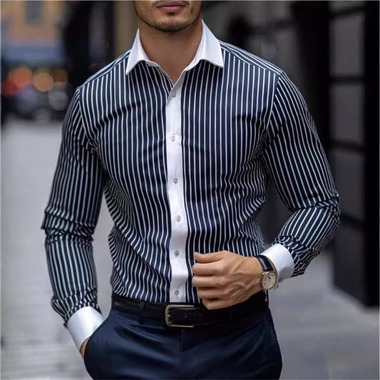 Autumn New Men's Stylish Print Long Sleeve Shirt Fashionable Stand Collar Single Button