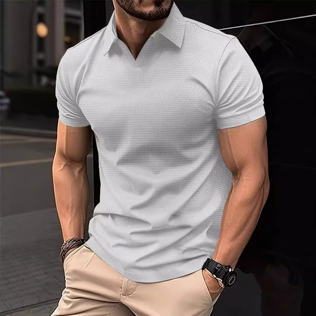 Wish Men's Summer Sport Fitness Casual V-Neck Elastic Texture Short Sleeve Polo Shirt