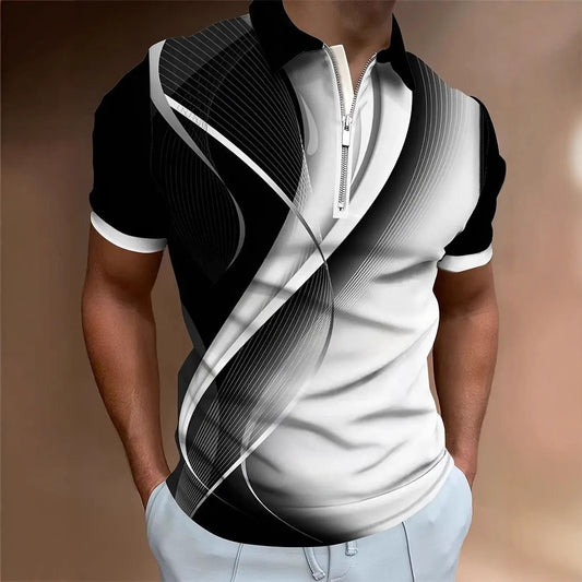 Summer New Men's 3D Digital Print Sport Casual Geometric Pattern Short Sleeve Zipper Polo Shirt