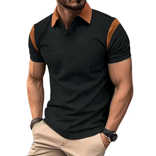 Summer New Slim Fit Polo Shirt Men Waffle Knit Jacquard Color-Block Turn-Down Collar Men's Wear Short Sleeve