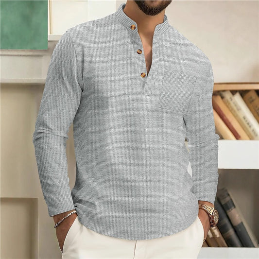 Autumn Men's New Waffle Knit Solid Color Stand Collar Pocket Long Placket Button Long Sleeve Polo Shirt