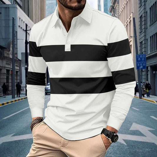 Long Sleeve Polo Shirt Spring Autumn Men's Casual Stripe Turn-Down Collar High Quality Men's T-Shirt Top