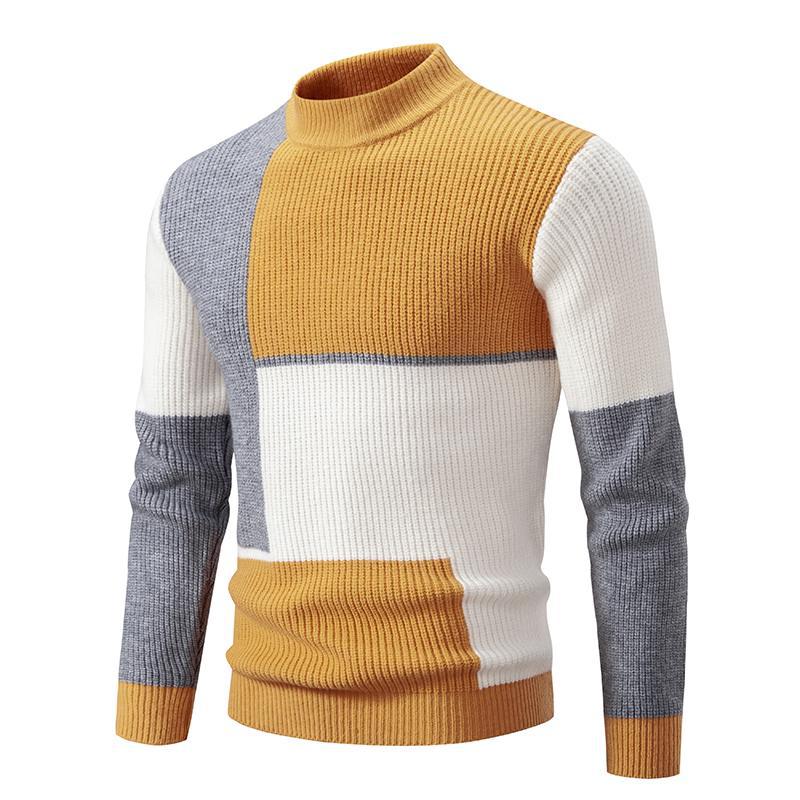 New Men's Mock Neck Color-Blocked Pullover Knit Sweater Korean Style Youth Fashion Top