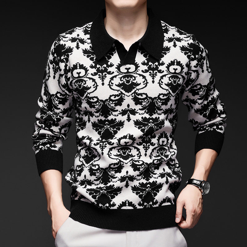 Men's Turn-Down Collar Knit Sweater – Trendy Printed Base Layer for Youth