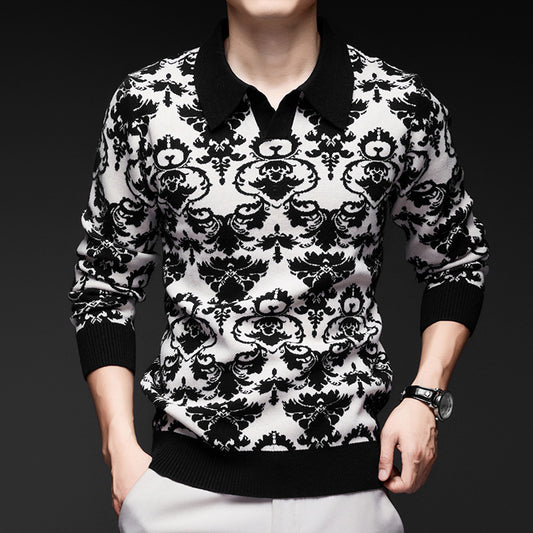 Men's Turn-Down Collar Knit Sweater – Trendy Printed Base Layer for Youth