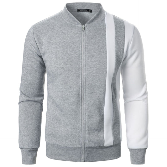 Men's New Zip-Up Stand Collar Color-Block Hoodie Casual Open-Front Jacket