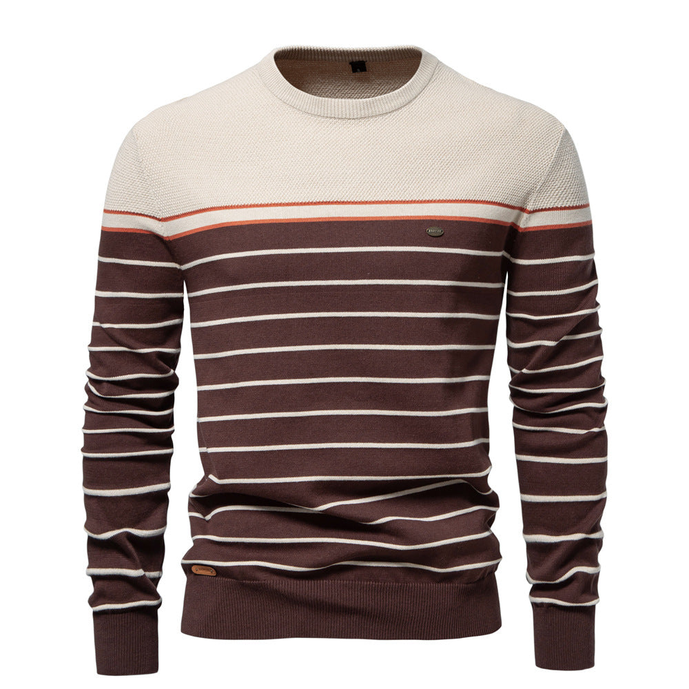 2025 Fall & Winter Men’s Striped Colorblock Knit Sweater - Fashionable Crew Neck Long Sleeve Pullover