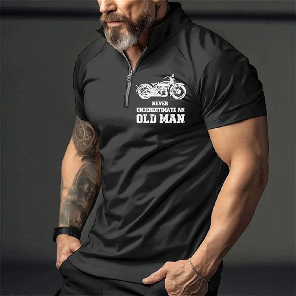 Retro Short Sleeve Men's Polo Shirt Motorcycle 3D Print Turn-Down Collar Zipper Men's Top High Quality Casual Wear