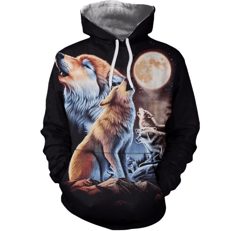 New Men's Autumn Long-Sleeve Hoodie Streetwear Round Neck 3D Wolf Print