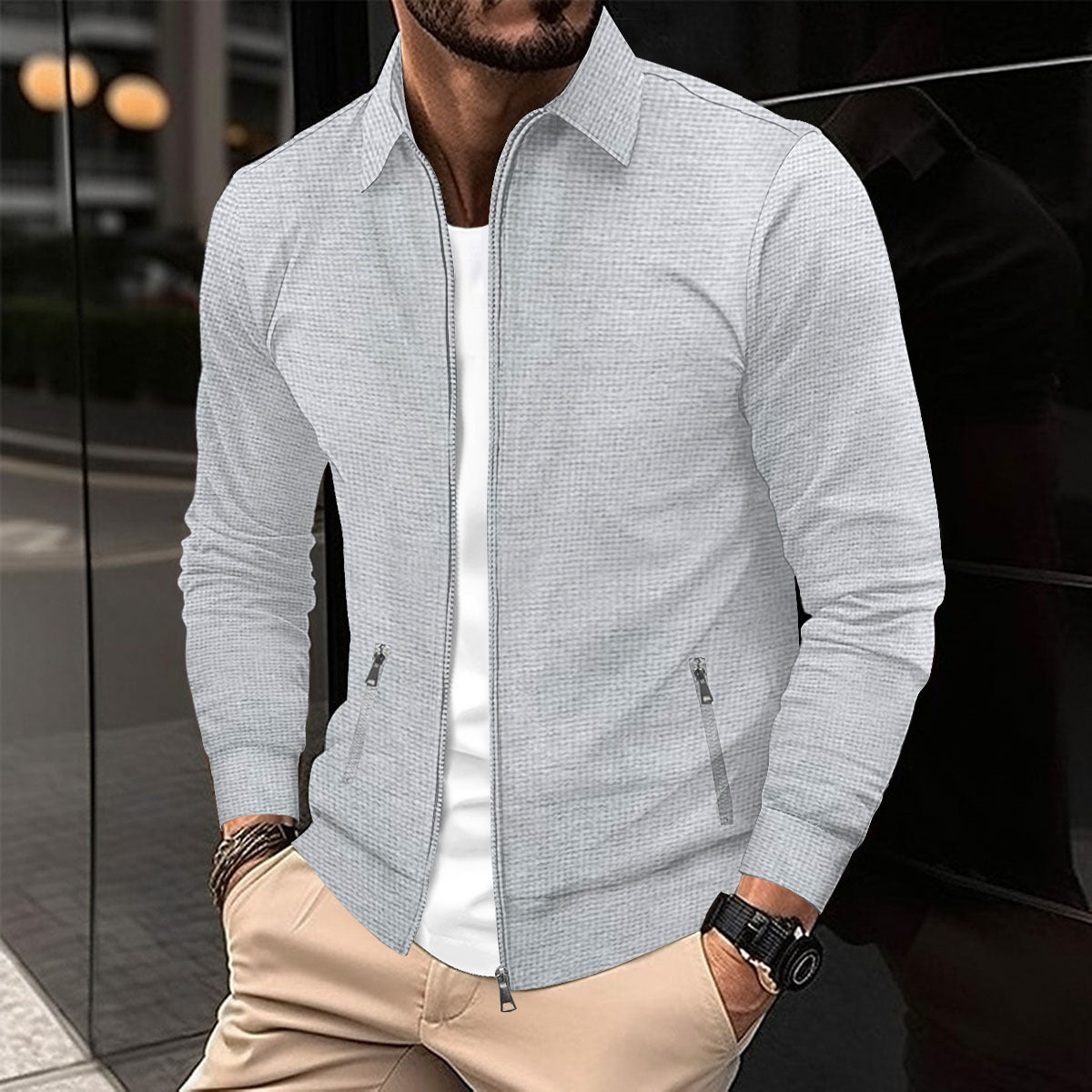 Men's Waffle Knit Zip-Up Pocket Lapel Slim-Fit Jacket