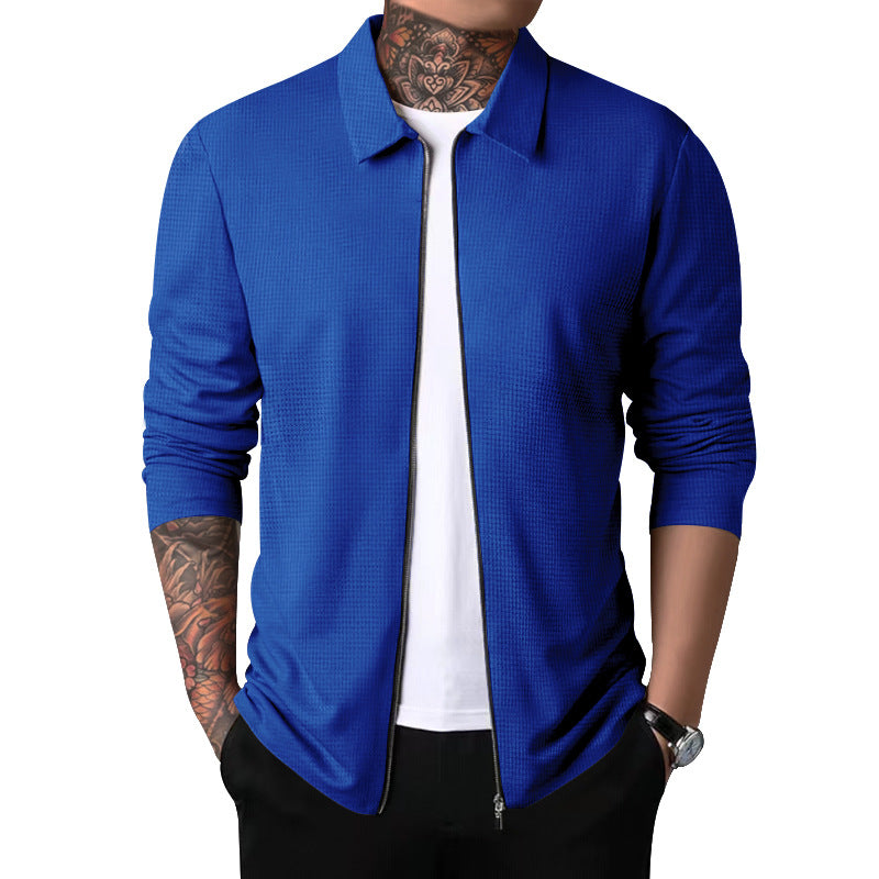 New Men's Zip-Up Waffle Knit Jacket Casual Long-Sleeve Lapel Coat