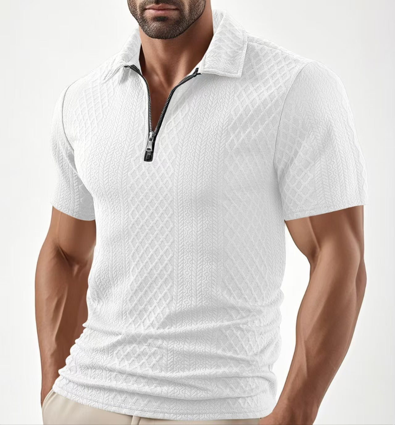 Men's Wear New Casual Polo Zipper Turn-Down Collar Shirt Solid Color Short Sleeve Business Slim Fit
