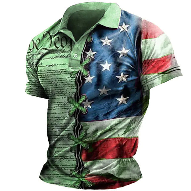 Bestseller Fashion Men's Turn-Down Collar Button Polo Shirt American Independence Day Print Direct Shipping