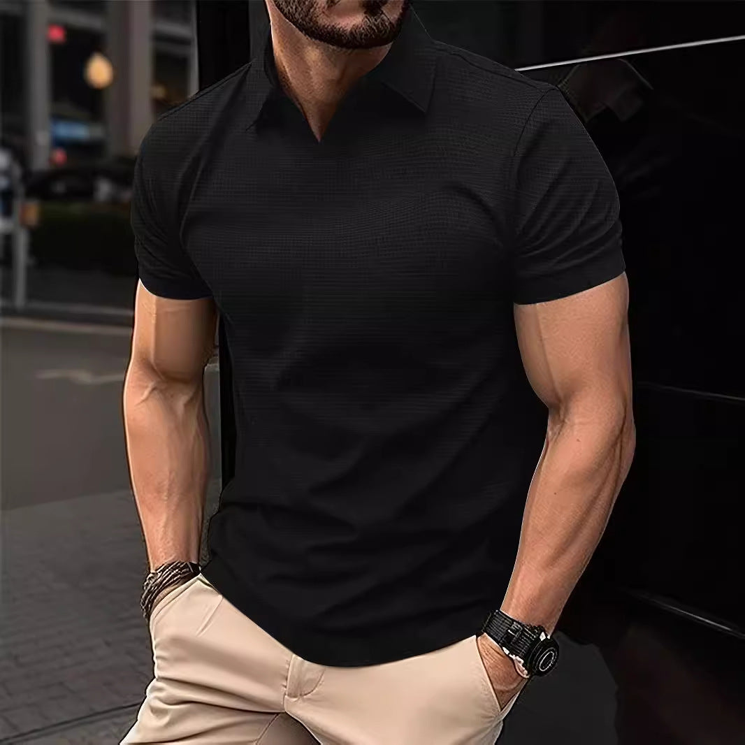 Wish Men's Summer Sport Fitness Casual V-Neck Elastic Texture Short Sleeve Polo Shirt