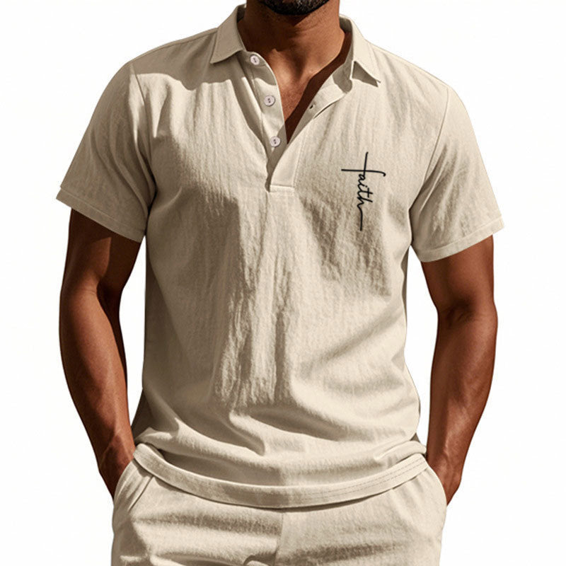 Summer Men's British Style Loose Trendy Breathable Linen Turn-Down Collar Button Polo Shirt Short Sleeve