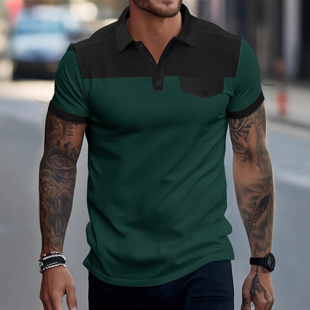 New Men's Waffle Knit Turn-Down Collar Color-Block Chest Pocket Button Polo Shirt