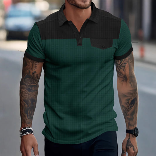New Men's Waffle Knit Turn-Down Collar Color-Block Chest Pocket Button Polo Shirt