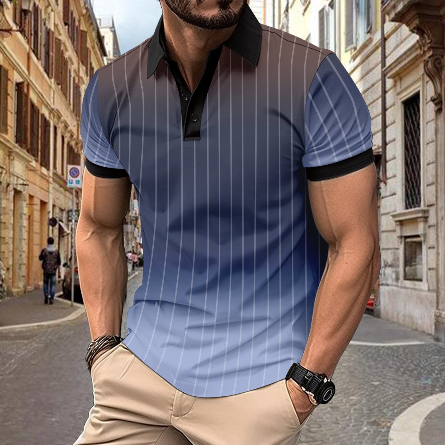 Button Top Casual Minimalist 3D Print Polo Short Sleeve Breathable Men's Wear