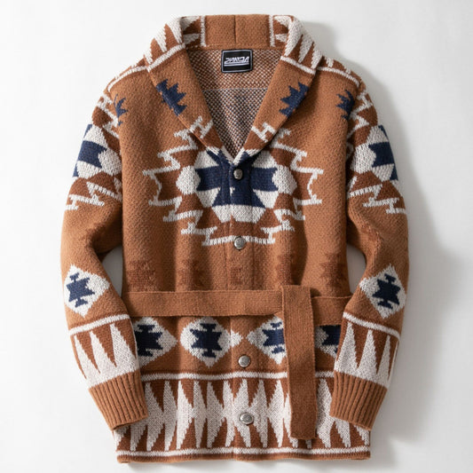 Men's Heavy Jacquard Cardigan – Thick Belted Knitwear with Turn-Down Collar