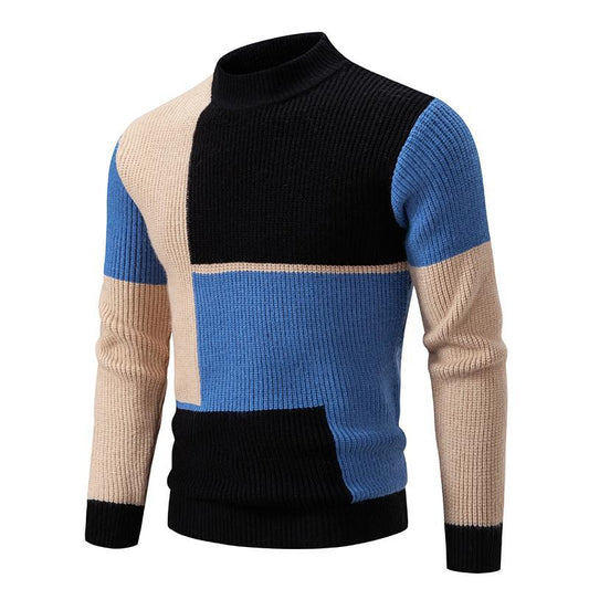 New Men's Mock Neck Color-Blocked Pullover Knit Sweater Korean Style Youth Fashion Top