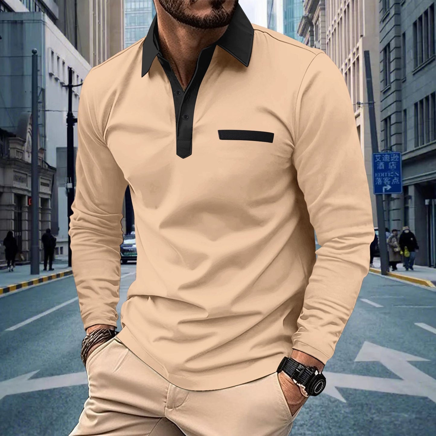 New Wish Autumn Men's Solid Color Casual Button Turn-Down Collar Long Sleeve Pocket Polo Shirt