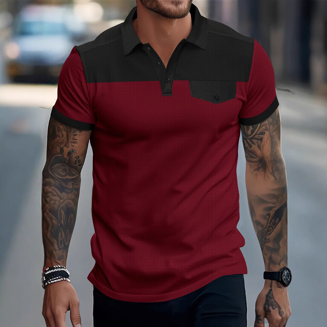 New Men's Waffle Knit Turn-Down Collar Color-Block Chest Pocket Button Polo Shirt