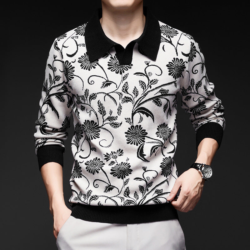 Men's Turn-Down Collar Knit Sweater – Trendy Printed Base Layer for Youth
