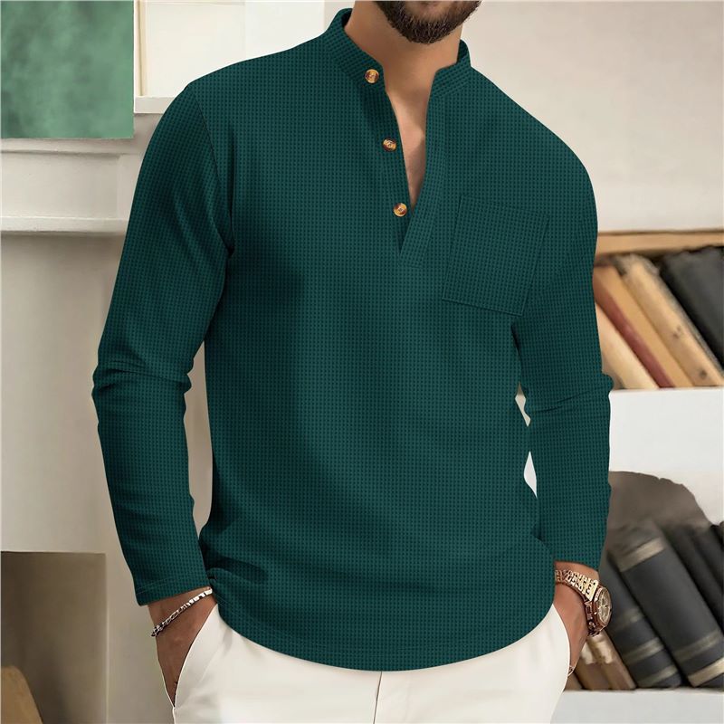 Autumn Men's New Waffle Knit Solid Color Stand Collar Pocket Long Placket Button Long Sleeve Polo Shirt
