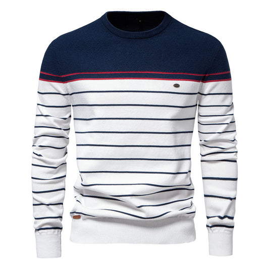 2025 Fall & Winter Men’s Striped Colorblock Knit Sweater - Fashionable Crew Neck Long Sleeve Pullover