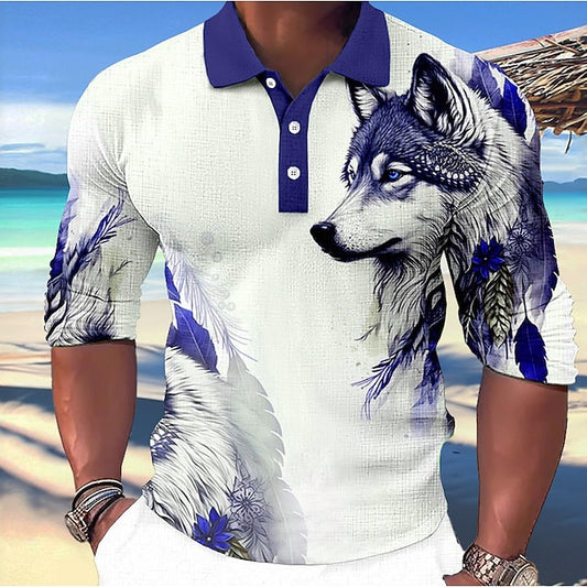 New Autumn Men's Long Sleeve Polo Shirt Animal Print Turn-Down Collar Top